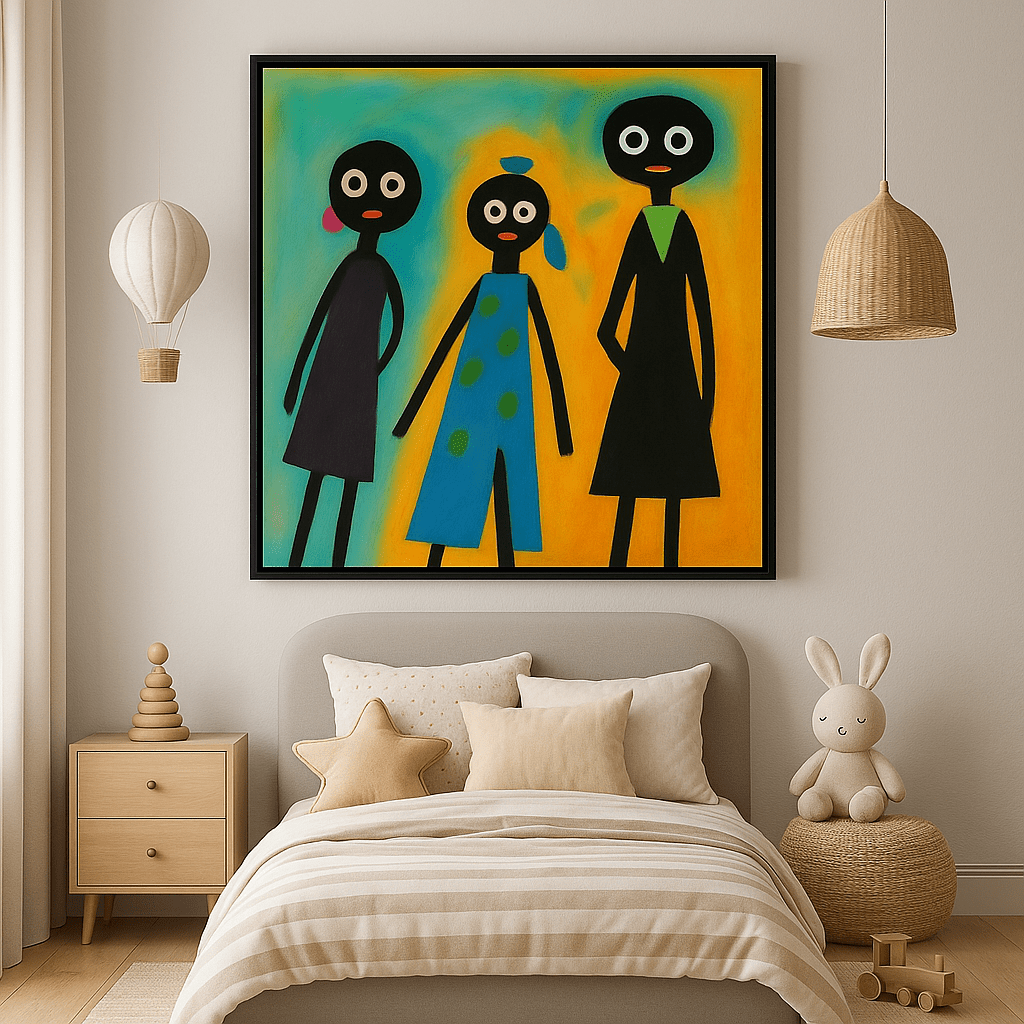 Canvas Print: Colorful Companions – Abstract Stick Figure Wall Art modern abstract canvas wall art by Rossetti Art – luxury interior design artwork for living room, bedroom, office – Contemporary Art for Sale contemporary art piece Contemporary art print