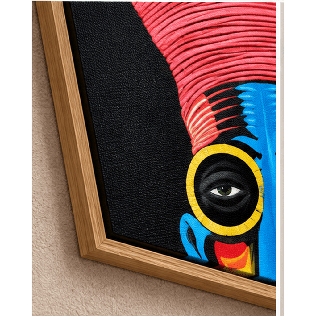 Close-up corner detail of Azure Gaze canvas with oak floater frame and visible texture – by Rossetti Art
