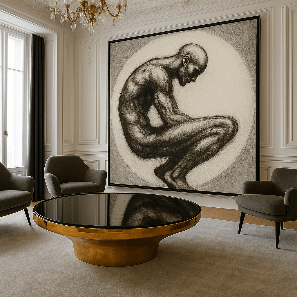 Canvas Print: Contemplative Nude Figure in Monochrome modern abstract canvas wall art by Rossetti Art – luxury interior design artwork for living room, bedroom, office – Contemporary Art for Sale contemporary art piece Contemporary art print