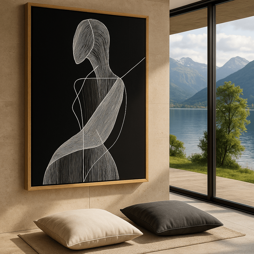 Canvas Print : Contour Whisper – Minimalist Female Line Art on Black Canvas modern abstract canvas wall art by Rossetti Art – luxury interior design artwork for living room, bedroom, office – black and beige wall art Black And White Art Black and white artwork