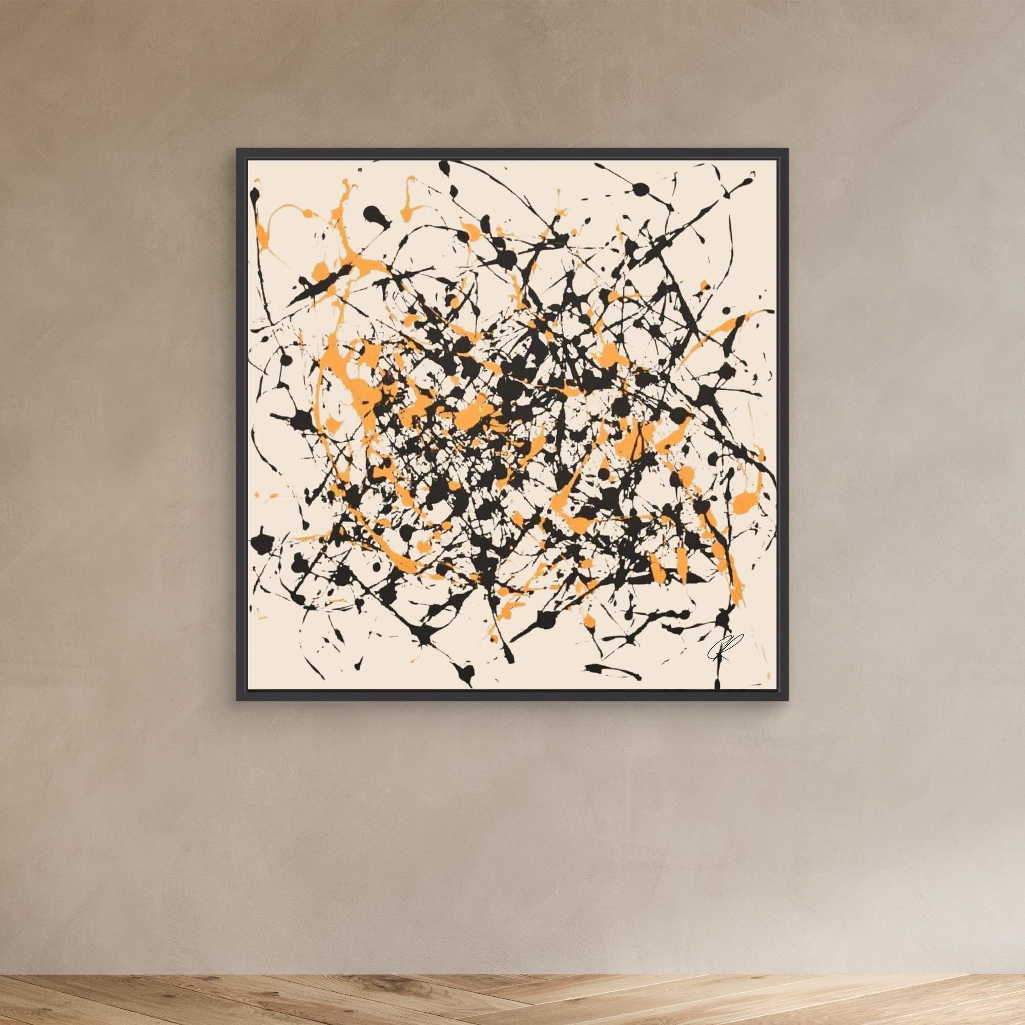 Canvas Print: Controlled Chaos – Abstract Drip Splatter Art modern abstract canvas wall art by Rossetti Art – luxury interior design artwork for living room, bedroom, office – Abstract Drip Art Black and Orange Splatter Canvas Expressionist Wall Art