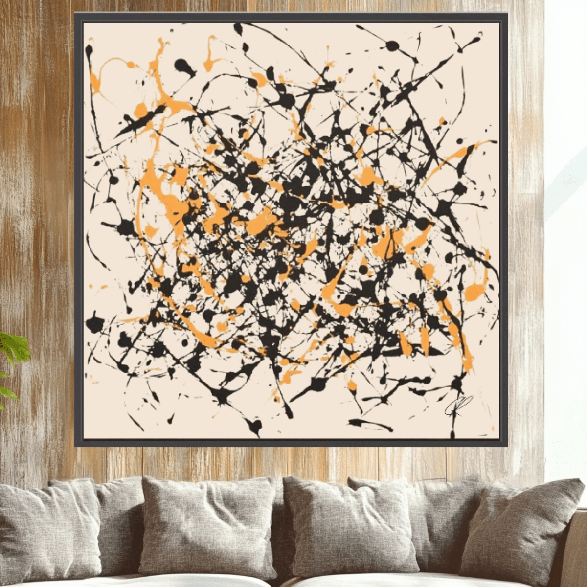 Canvas Print: Controlled Chaos – Abstract Drip Splatter Art modern abstract canvas wall art by Rossetti Art – luxury interior design artwork for living room, bedroom, office – Abstract Drip Art Black and Orange Splatter Canvas Expressionist Wall Art