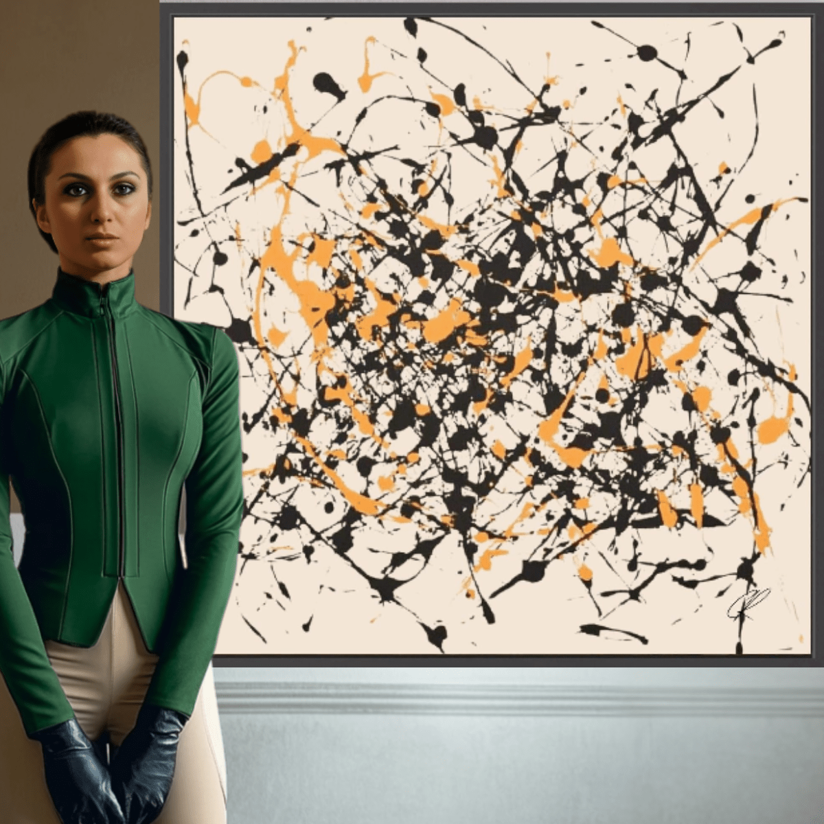 Canvas Print: Controlled Chaos – Abstract Drip Splatter Art modern abstract canvas wall art by Rossetti Art – luxury interior design artwork for living room, bedroom, office – Abstract Drip Art Black and Orange Splatter Canvas Expressionist Wall Art