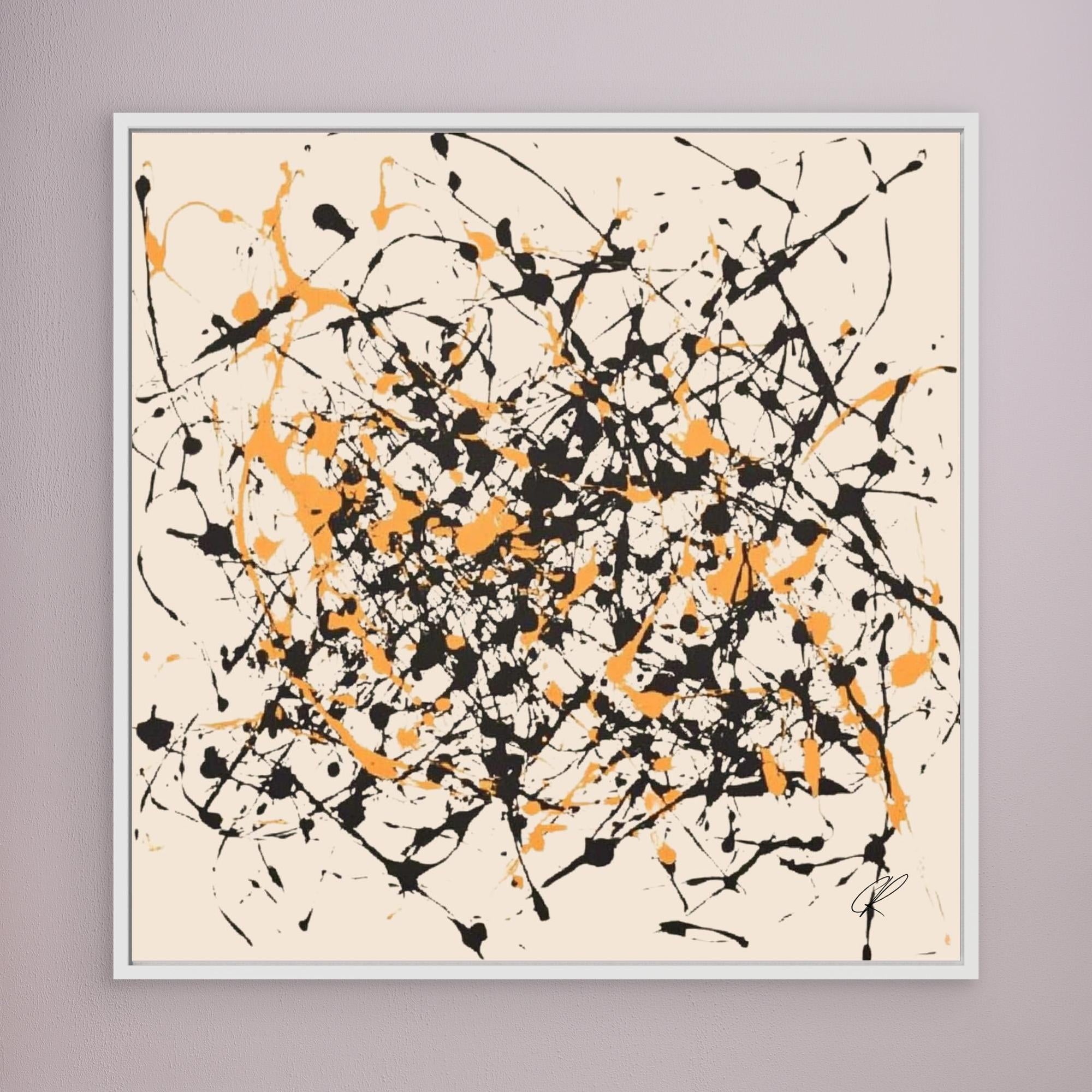 Canvas Print: Controlled Chaos – Abstract Drip Splatter Art modern abstract canvas wall art by Rossetti Art – luxury interior design artwork for living room, bedroom, office – Abstract Drip Art Black and Orange Splatter Canvas Expressionist Wall Art