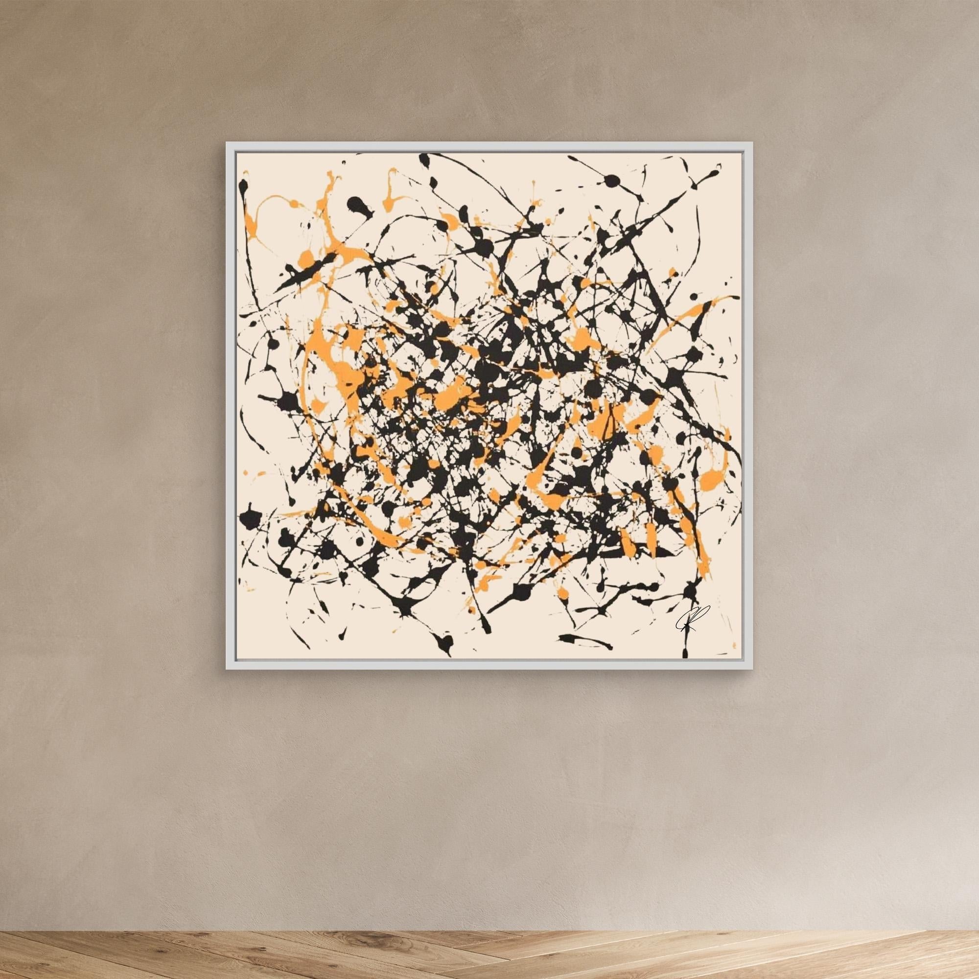 Canvas Print: Controlled Chaos – Abstract Drip Splatter Art modern abstract canvas wall art by Rossetti Art – luxury interior design artwork for living room, bedroom, office – Abstract Drip Art Black and Orange Splatter Canvas Expressionist Wall Art