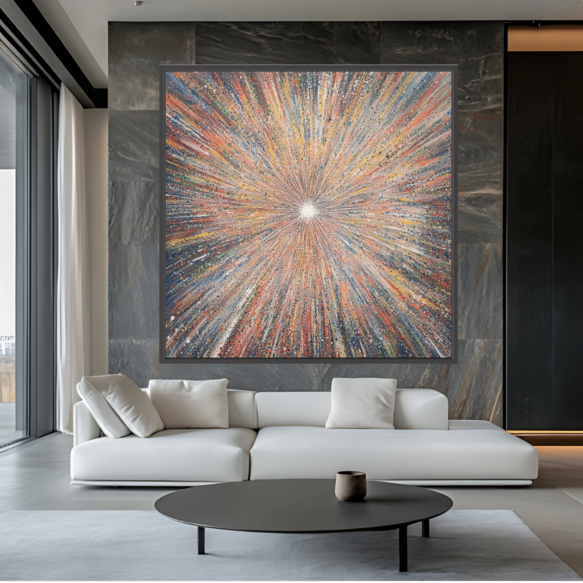 Canvas Print: "Cosmic Radiance Explosion" - Colorful Contemporary Wall Art modern abstract canvas wall art by Rossetti Art – luxury interior design artwork for living room, bedroom, office – Contemporary Art for Sale contemporary art piece Contemporary art print