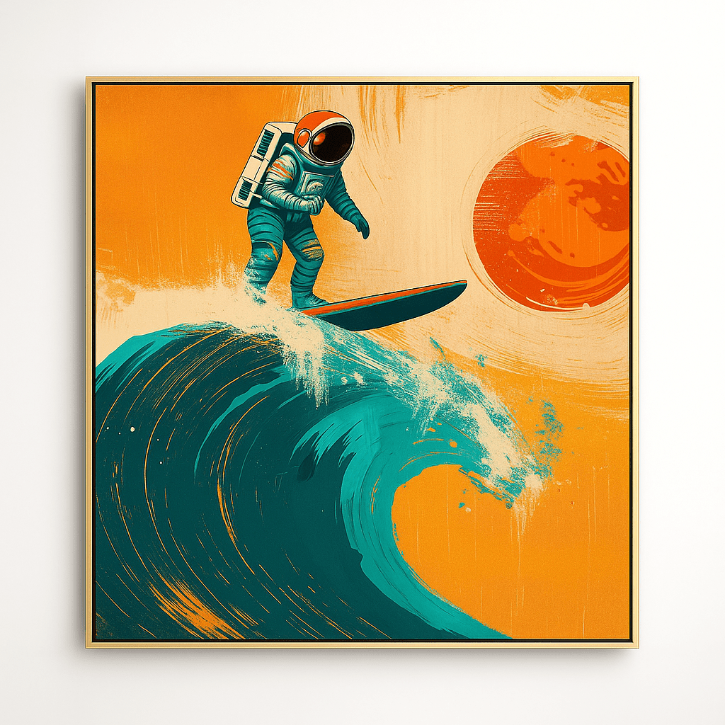 Canvas Print: Cosmic Wave Rider - Astronaut Surfing Canvas Print modern abstract canvas wall art by Rossetti Art – luxury interior design artwork for living room, bedroom, office – abstract wall art canvas print art Chiara Rossetti