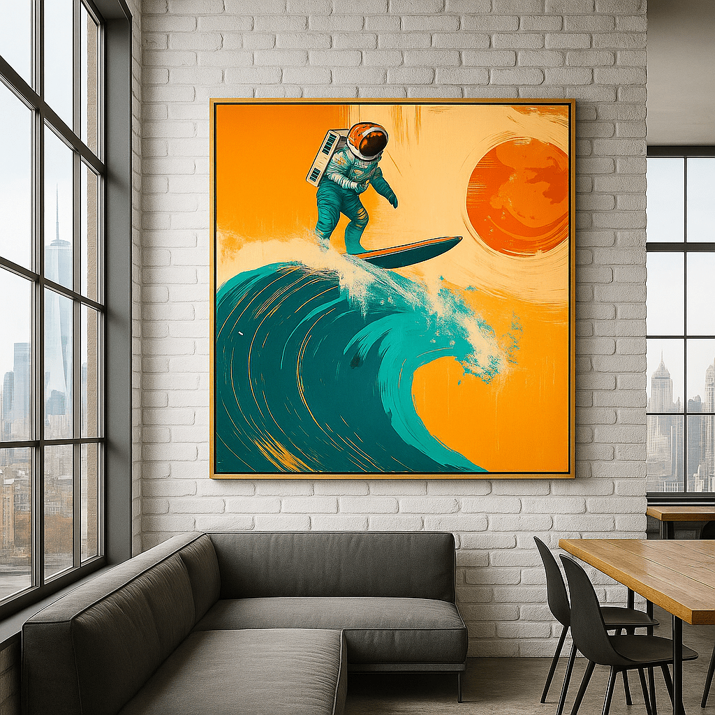 Canvas Print: Cosmic Wave Rider - Astronaut Surfing Canvas Print modern abstract canvas wall art by Rossetti Art – luxury interior design artwork for living room, bedroom, office – abstract wall art canvas print art Chiara Rossetti