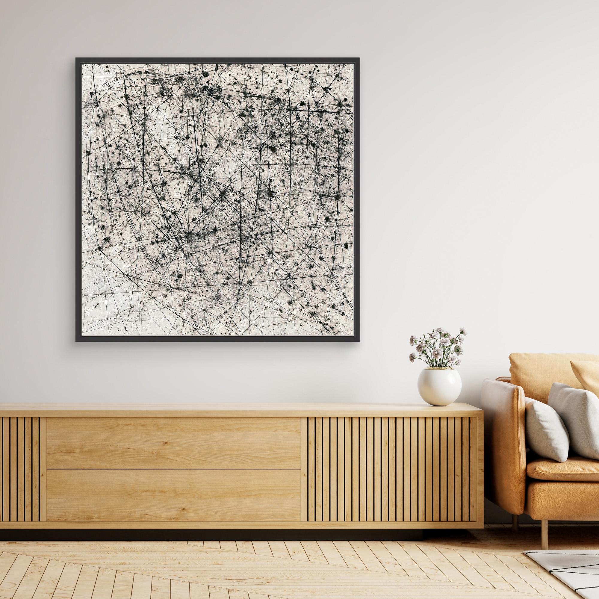 Canvas Print: "Cosmic Web" – Abstract Particle Physics Line Art in Monochrome modern abstract canvas wall art by Rossetti Art – luxury interior design artwork for living room, bedroom, office – Black And White Art Black and white artwork black and white canvas