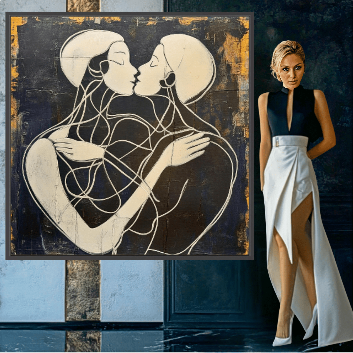 Canvas Print: "Couple's Embrace in Harmony" - Modern Love Decor modern abstract canvas wall art by Rossetti Art – luxury interior design artwork for living room, bedroom, office – Abstract Couple Canvas Art Canvas Print: "Couple's Embrace in Harmony Couple's Embrace