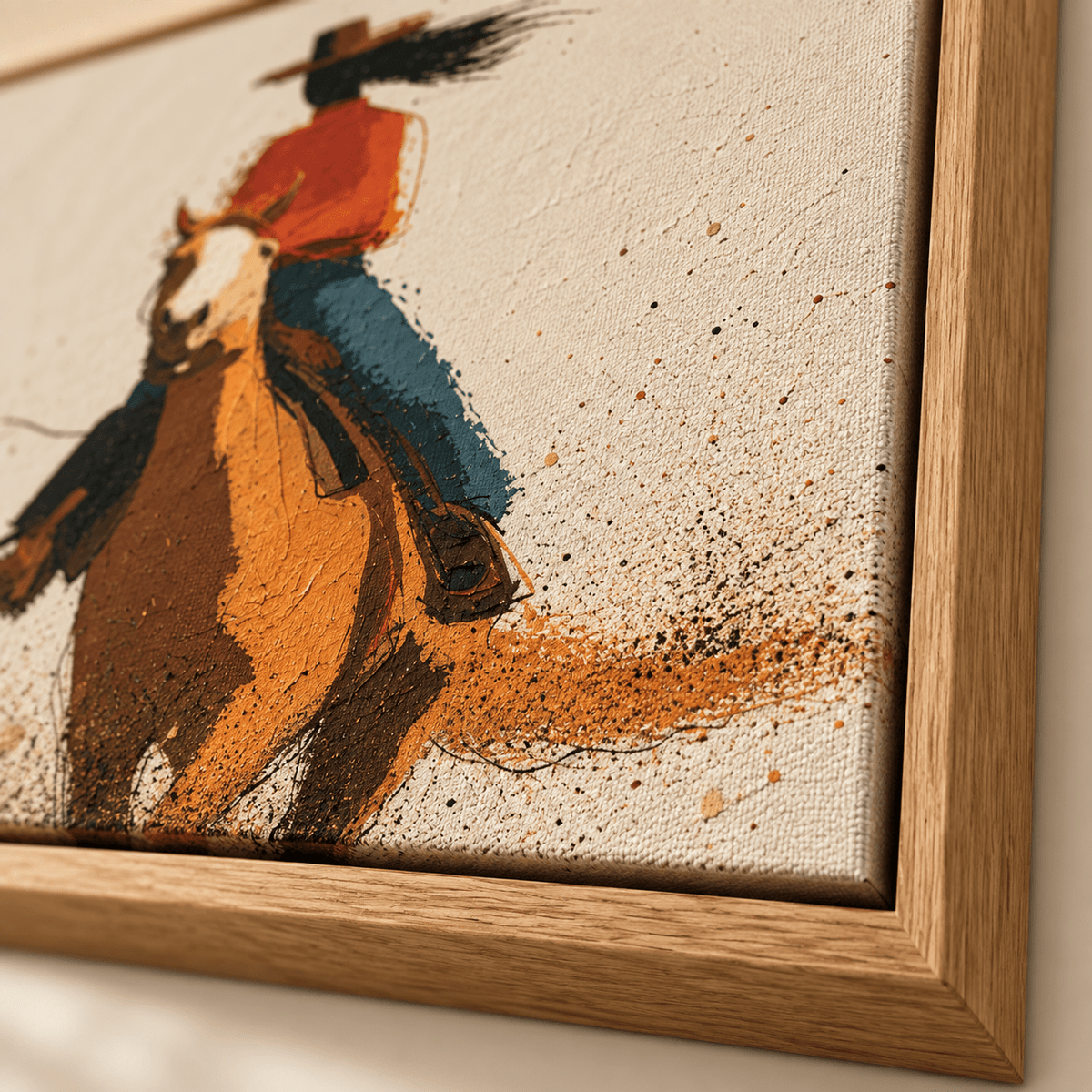Close-up of cowgirl art canvas texture and wood floater frame – Dust Rider by Rossetti Art
