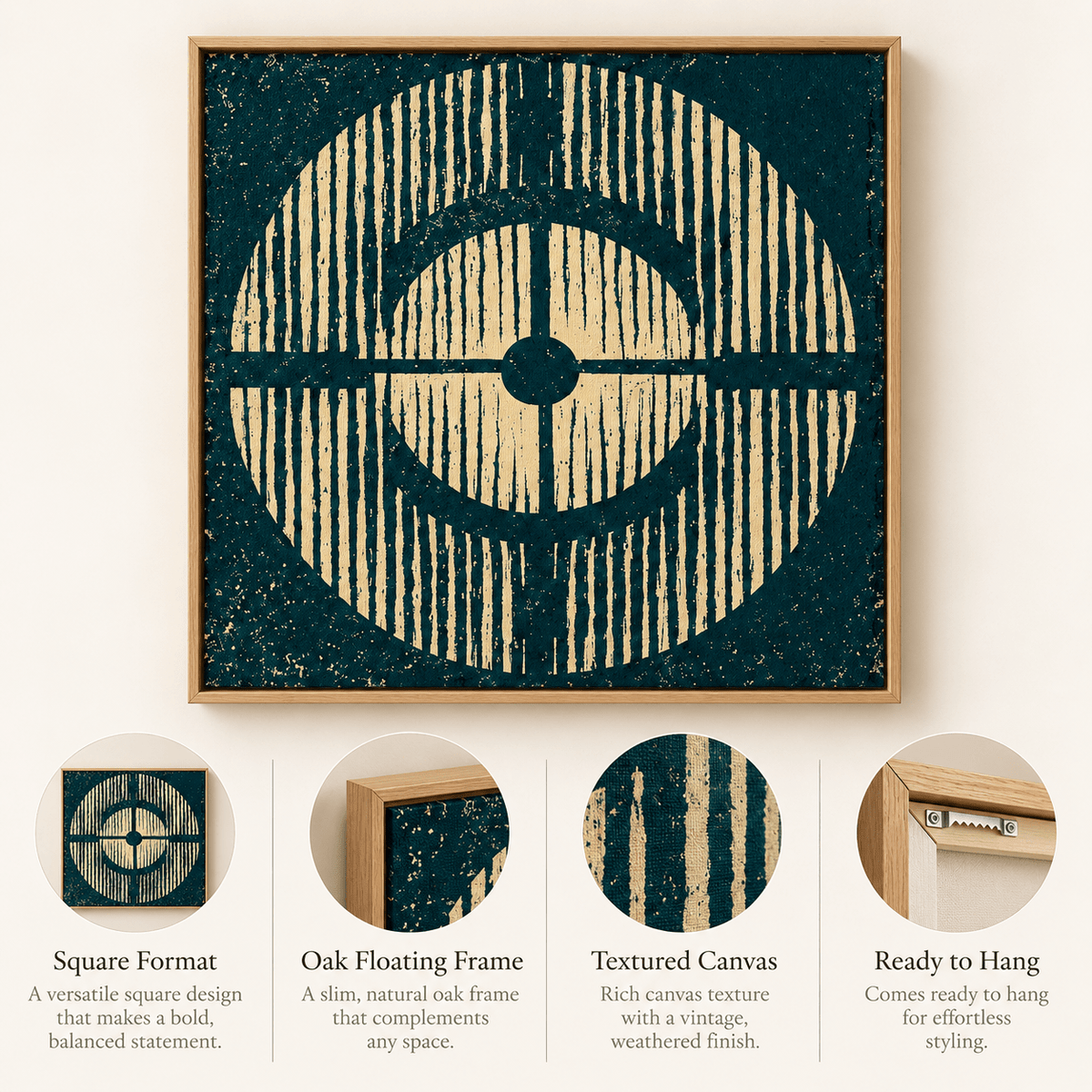 Cream and Black Wall Art – Radiant Echo infographic showing square format, oak floating frame, textured canvas detail, and ready-to-hang hardware