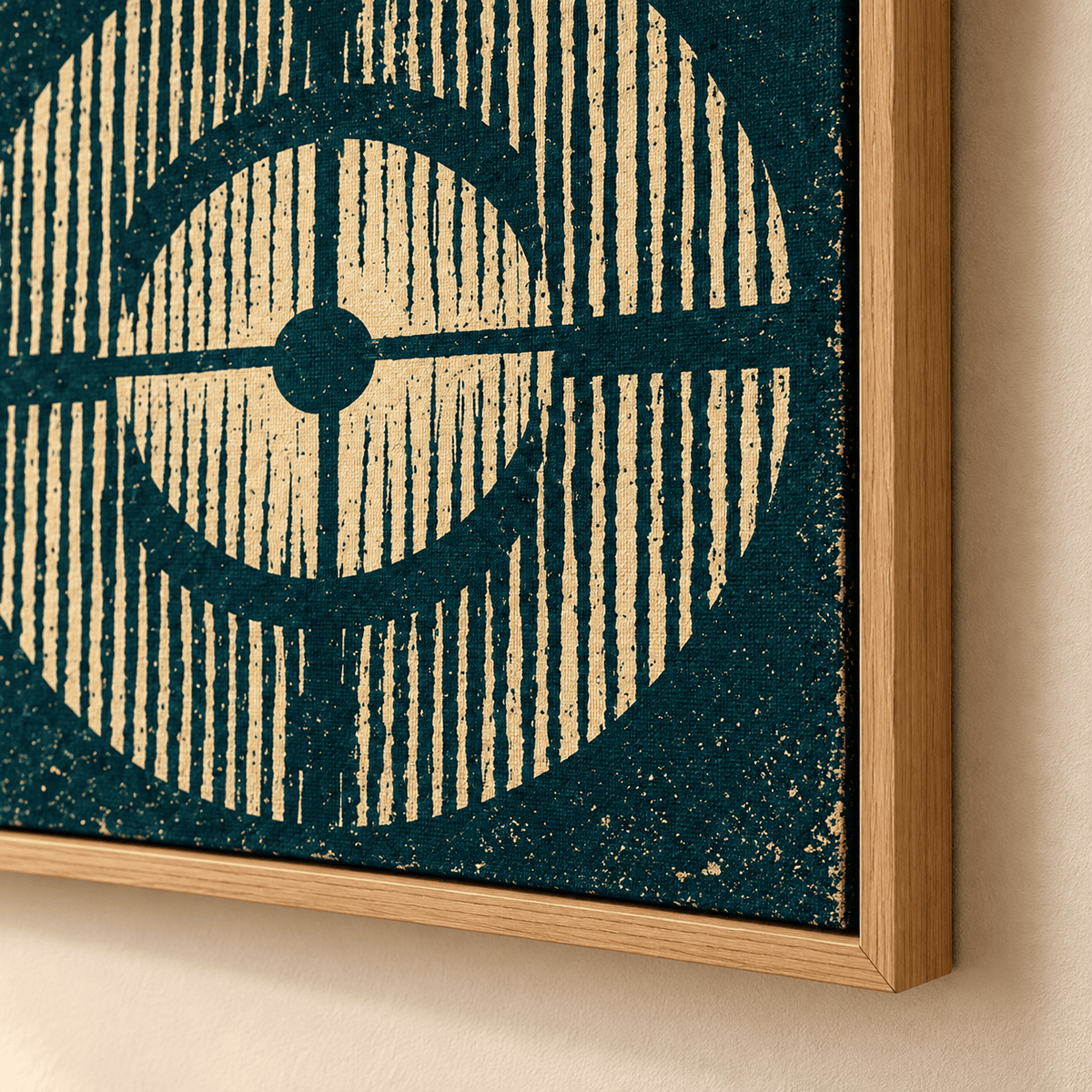 Cream and Black Wall Art – Radiant Echo canvas print in an entryway above a console table