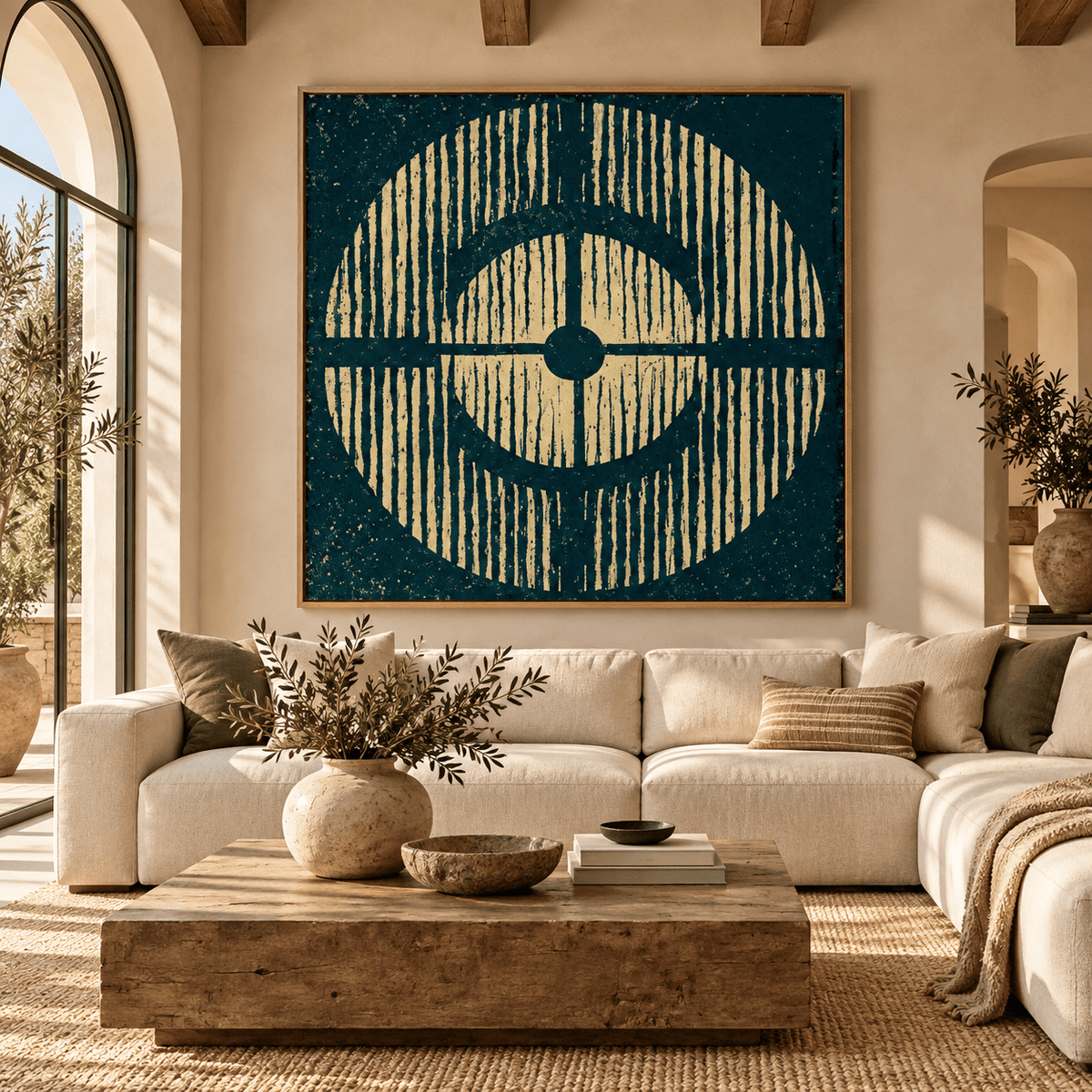 Cream and Black Wall Art – Radiant Echo canvas print in an oak floater frame above a living room sofa
