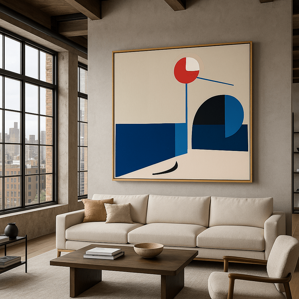 Canvas Print : Crimson Balance - Minimalist Geometric Art Print – Blue and Red Abstract Wall Decor modern abstract canvas wall art by Rossetti Art – luxury interior design artwork for living room, bedroom, office – contemporary wall painting handmade wall art modern art on canvas