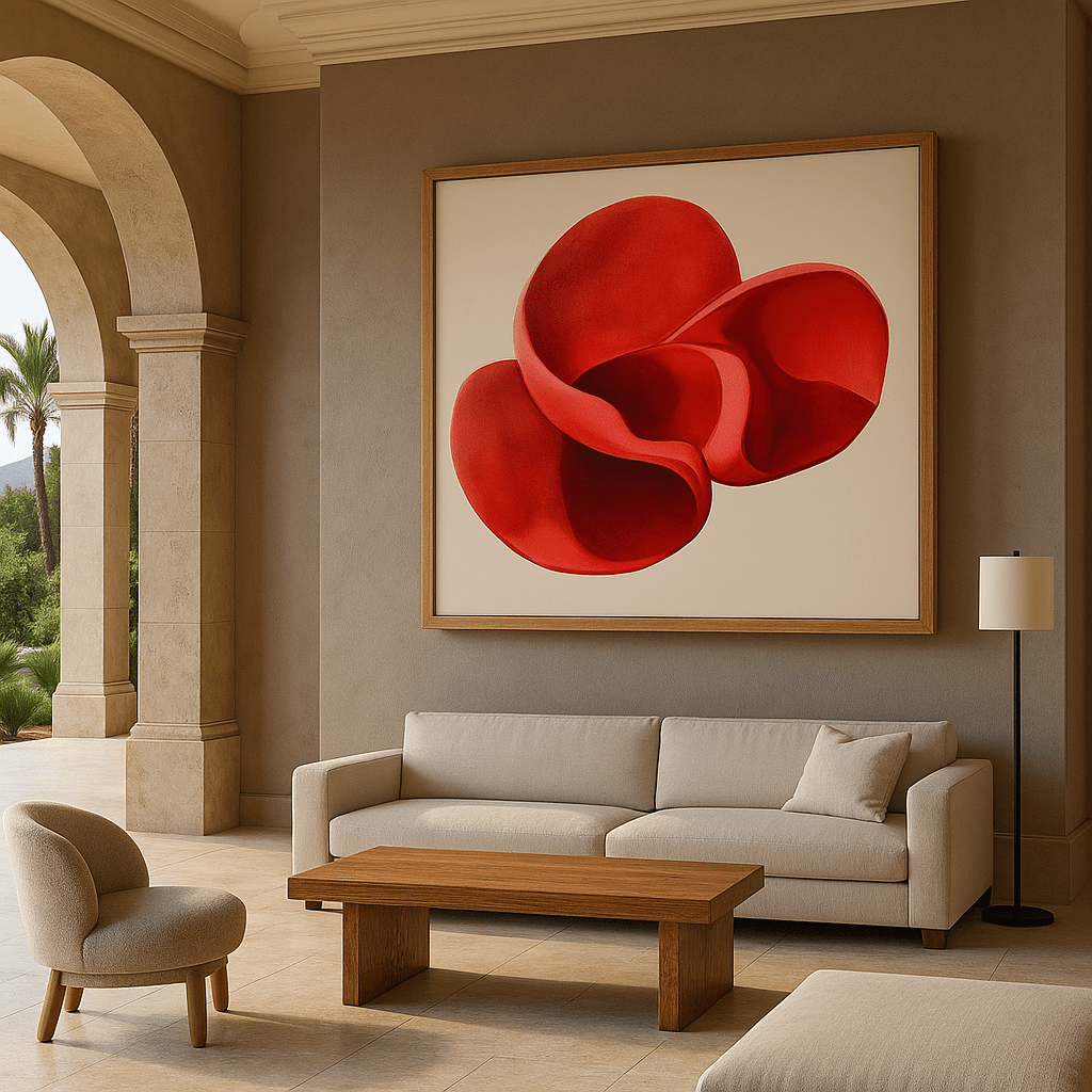 Canvas Print: "Crimson Bloom Flow" - Abstract Expressionist Art modern abstract canvas wall art by Rossetti Art – luxury interior design artwork for living room, bedroom, office – abstract red art Bold red artwork Red Accent Art