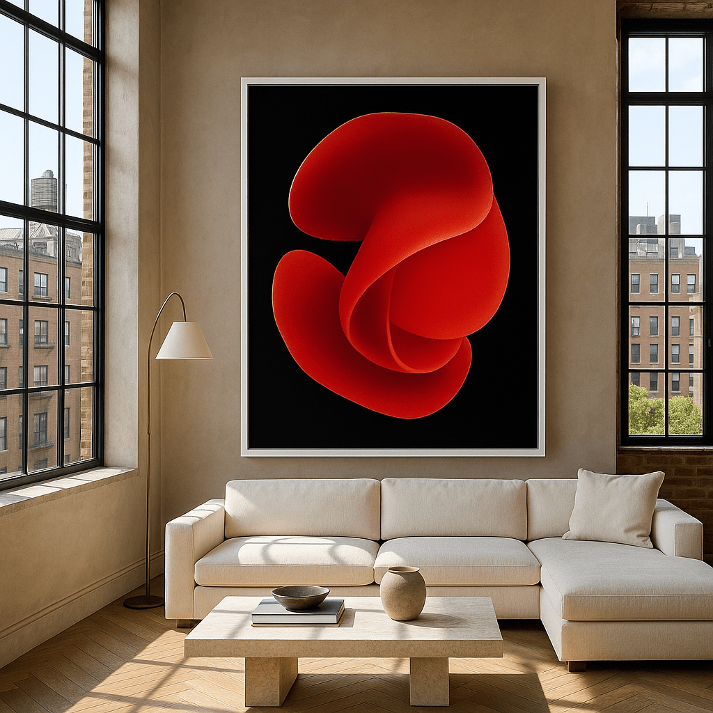 Canvas Print: "Crimson Essence Bloom" - Abstract Floral Art modern abstract canvas wall art by Rossetti Art – luxury interior design artwork for living room, bedroom, office – Bold floral canvas bold floral portrait contemporary floral decor