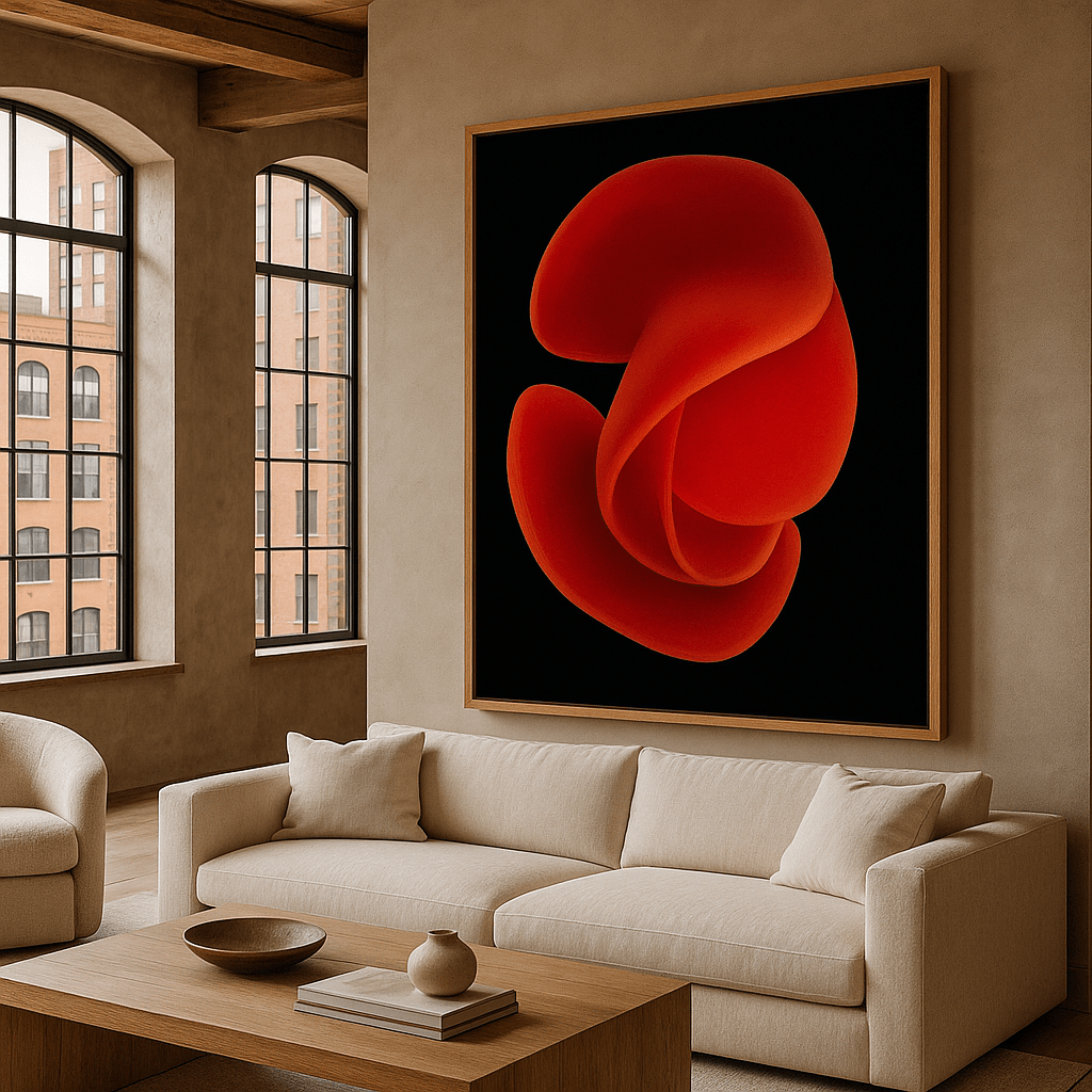 Canvas Print: "Crimson Essence Bloom" - Abstract Floral Art modern abstract canvas wall art by Rossetti Art – luxury interior design artwork for living room, bedroom, office – Bold floral canvas bold floral portrait contemporary floral decor