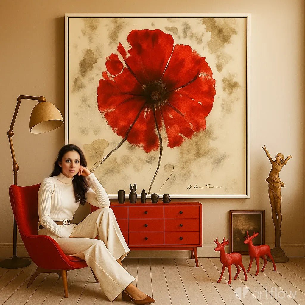 Canvas Print : Crimson Whisper - Minimalist Botanical Wall Art modern abstract canvas wall art by Rossetti Art – luxury interior design artwork for living room, bedroom, office – Bold Flower Poster Botanical Art Print Contemporary Art for Sale