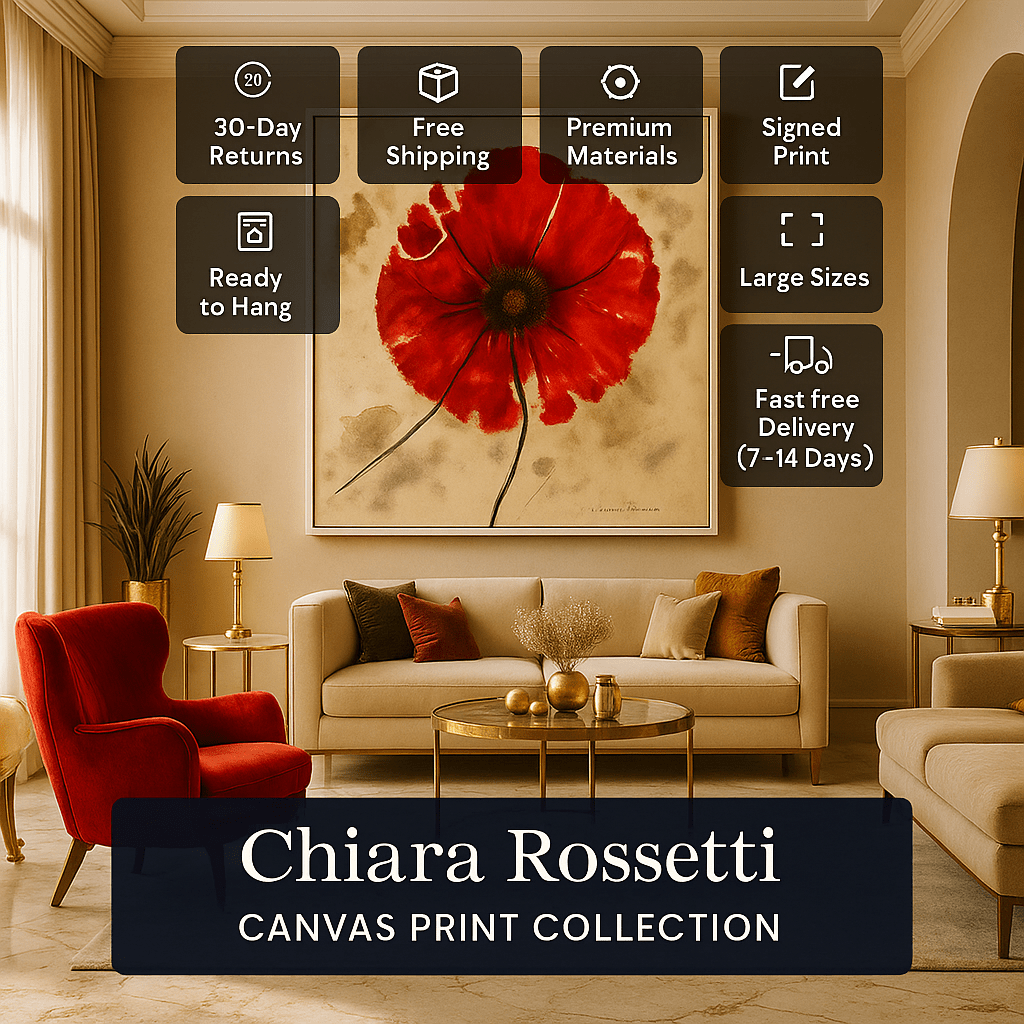 Canvas Print : Crimson Whisper - Minimalist Botanical Wall Art modern abstract canvas wall art by Rossetti Art – luxury interior design artwork for living room, bedroom, office – Bold Flower Poster Botanical Art Print Contemporary Art for Sale