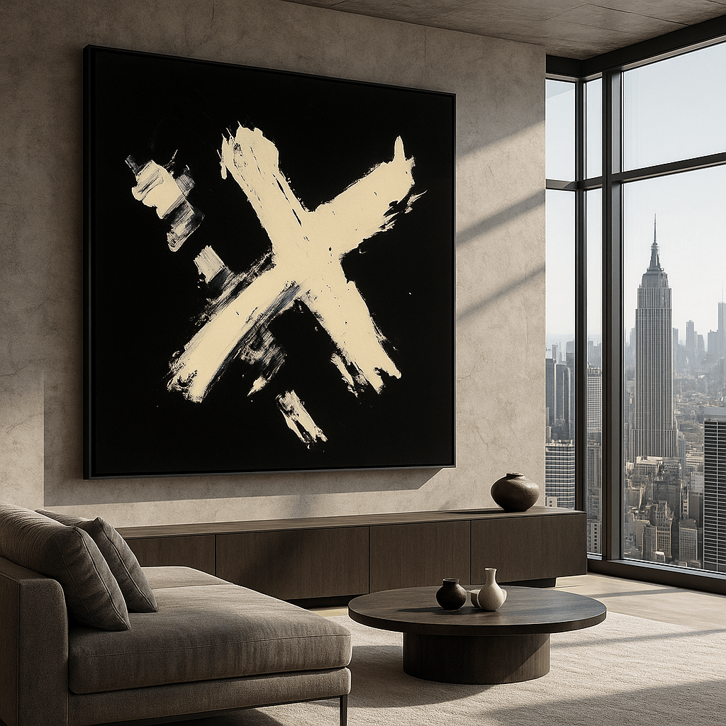 Canvas Print: Cross of Silence – Minimalist Abstract Black and White Canvas Print for Modern Interiors modern abstract canvas wall art by Rossetti Art – luxury interior design artwork for living room, bedroom, office – abstract wall art canvas print art Chiara Rossetti