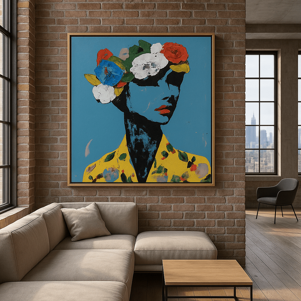 Canvas Print : "Crowned in Color" - Abstract Portrait Art Print modern abstract canvas wall art by Rossetti Art – luxury interior design artwork for living room, bedroom, office – abstract figure print Contemporary Portrait Decor Floral Abstract Portrait Art