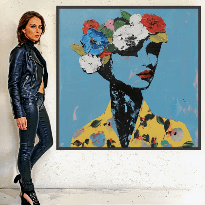 Canvas Print : "Crowned in Color" - Abstract Portrait Art Print modern abstract canvas wall art by Rossetti Art – luxury interior design artwork for living room, bedroom, office – abstract figure print Contemporary Portrait Decor Floral Abstract Portrait Art