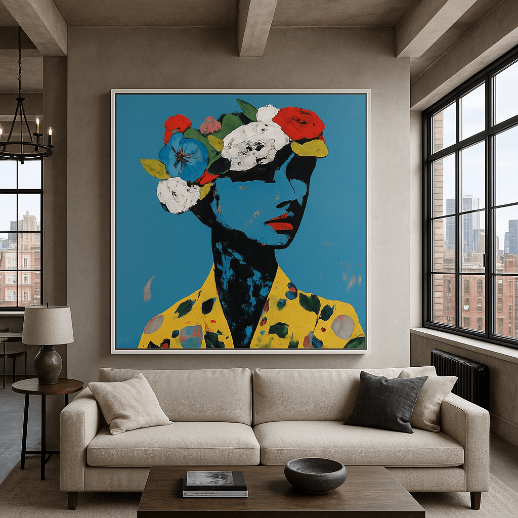 Canvas Print : "Crowned in Color" - Abstract Portrait Art Print modern abstract canvas wall art by Rossetti Art – luxury interior design artwork for living room, bedroom, office – abstract figure print Contemporary Portrait Decor Floral Abstract Portrait Art