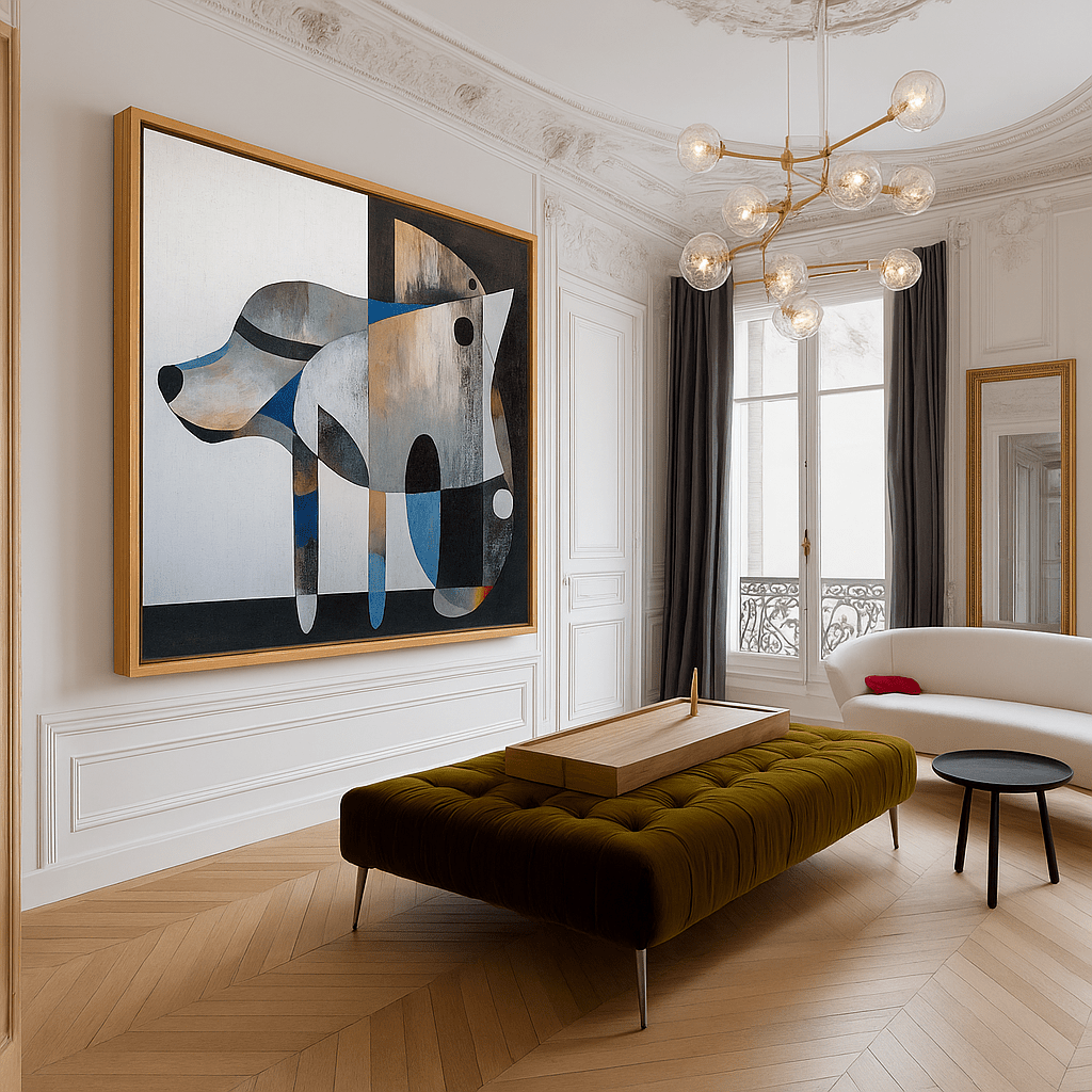 Canvas Print : Cubist Canine Symphony | Geometric Abstract Wall Art modern abstract canvas wall art by Rossetti Art – luxury interior design artwork for living room, bedroom, office – abstract geometric painting abstract home decor. cubism - inspired wall print