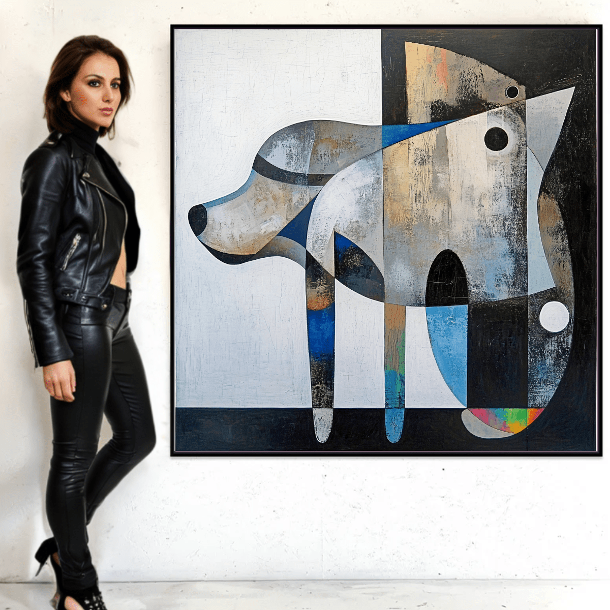 Canvas Print : Cubist Canine Symphony | Geometric Abstract Wall Art modern abstract canvas wall art by Rossetti Art – luxury interior design artwork for living room, bedroom, office – abstract geometric painting abstract home decor. cubism - inspired wall print