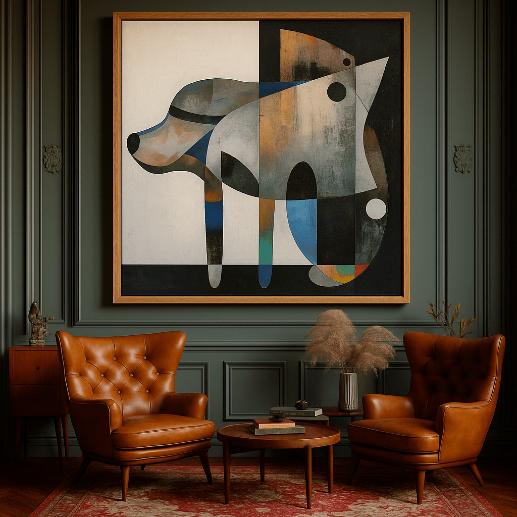 Canvas Print : Cubist Canine Symphony | Geometric Abstract Wall Art modern abstract canvas wall art by Rossetti Art – luxury interior design artwork for living room, bedroom, office – abstract geometric painting abstract home decor. cubism - inspired wall print