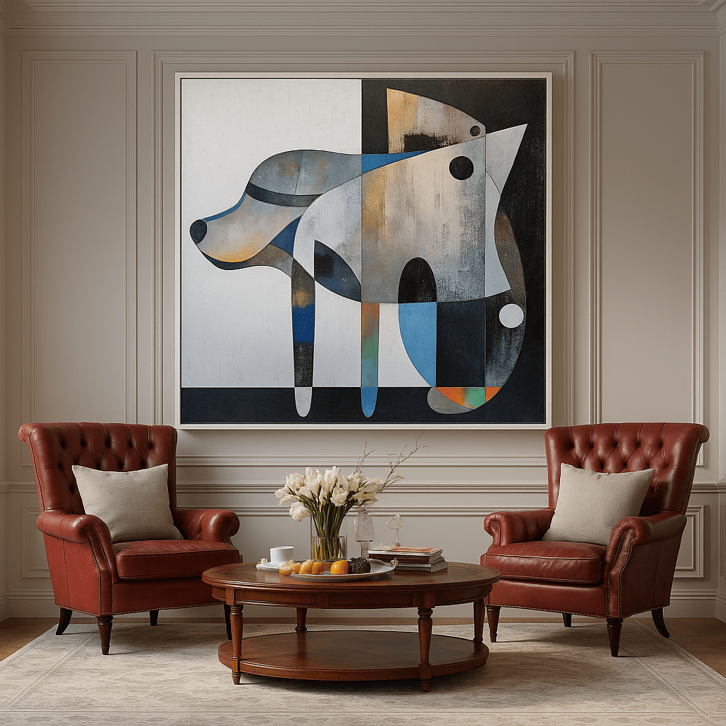 Canvas Print : Cubist Canine Symphony | Geometric Abstract Wall Art modern abstract canvas wall art by Rossetti Art – luxury interior design artwork for living room, bedroom, office – abstract geometric painting abstract home decor. cubism - inspired wall print