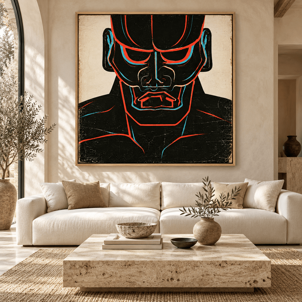 Cubist Wall Art – Crimson Sentinel by Rossetti Art above a sofa