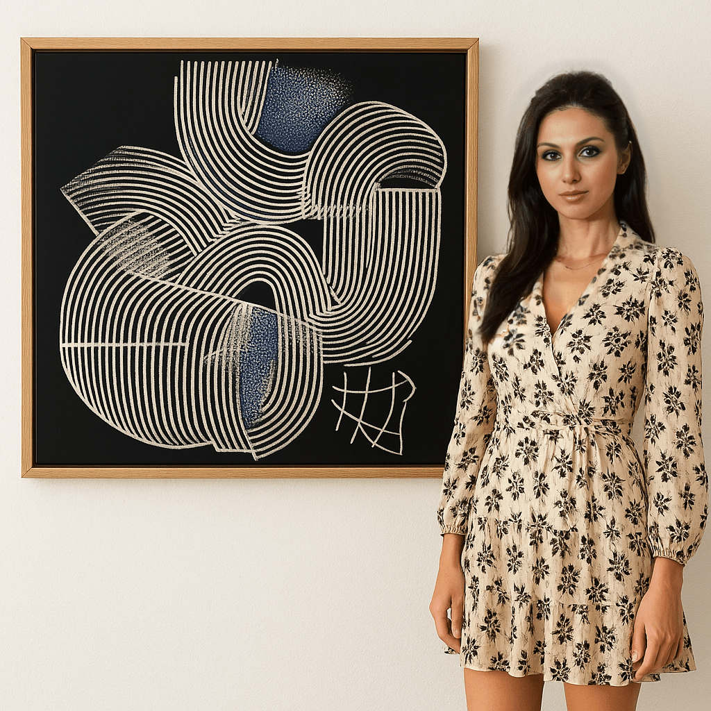 Canvas Print: Curved Symmetry – Modern Abstract Line Art modern abstract canvas wall art by Rossetti Art – luxury interior design artwork for living room, bedroom, office – Curved Symmetry Art Indigo Accent Art Minimal Modern Art