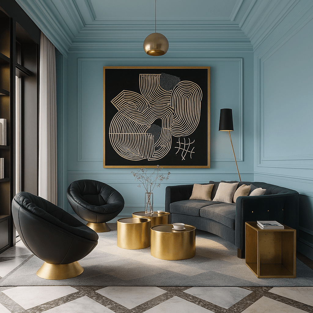 Canvas Print: Curved Symmetry – Modern Abstract Line Art modern abstract canvas wall art by Rossetti Art – luxury interior design artwork for living room, bedroom, office – Curved Symmetry Art Indigo Accent Art Minimal Modern Art