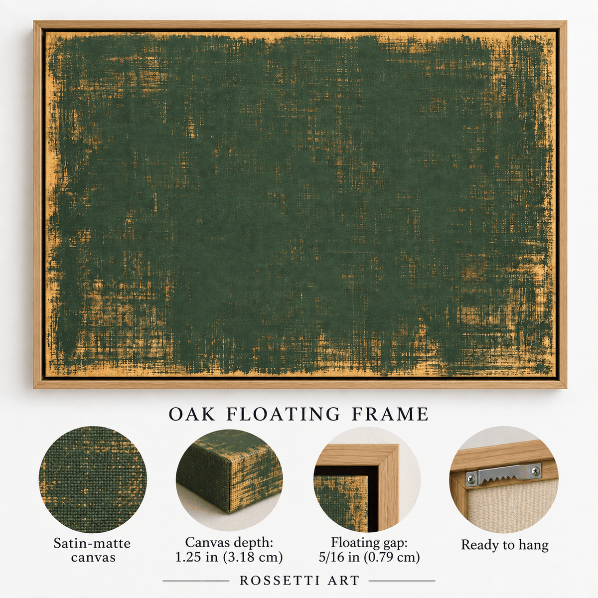 Dark Green Abstract Art – Moss Weave by Rossetti Art, satin-matte canvas, canvas depth, floating gap and ready-to-hang details