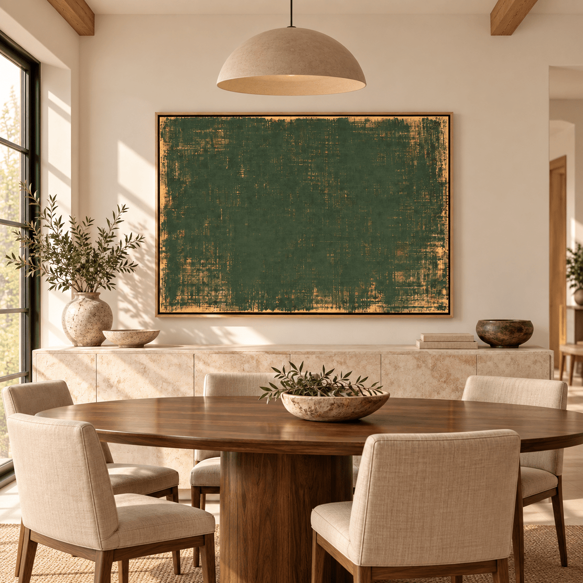 Dark Green Abstract Art – Moss Weave by Rossetti Art in a sunlit dining room