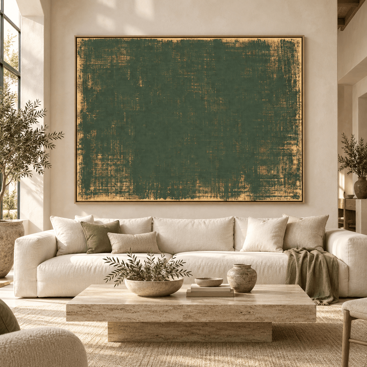 Dark Green Abstract Art Canvas Print – Moss Weave by Rossetti Art above a linen sofa in a living room