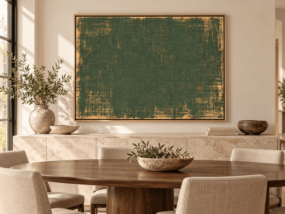 Dark Green Abstract Art – Moss Weave by Rossetti Art above a sideboard in a dining room
