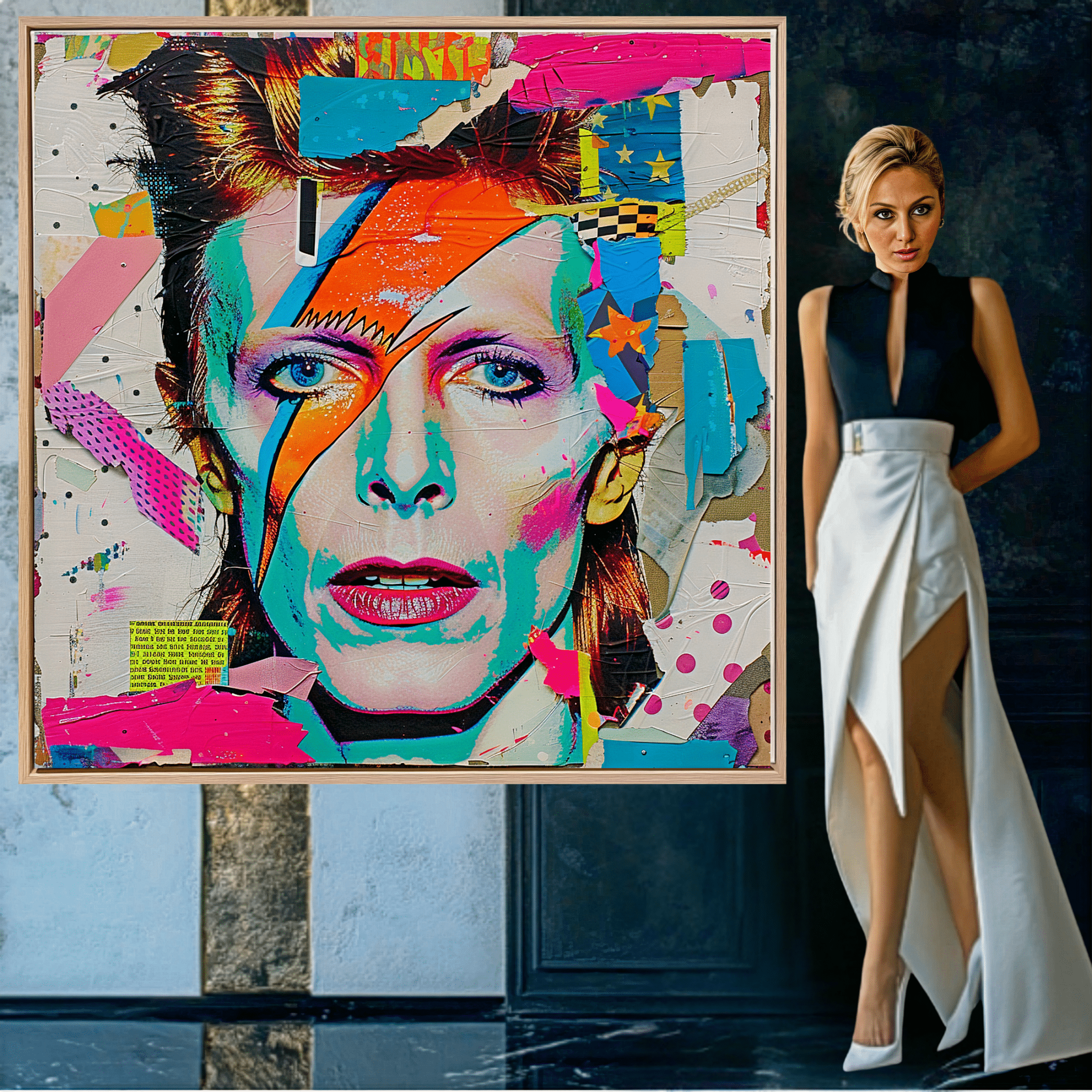 Canvas Print : David Bowie Print Vibrant - Pop Art Collage modern abstract canvas wall art by Rossetti Art – luxury interior design artwork for living room, bedroom, office – david bowie art david bowie artwork prints david bowie portraits