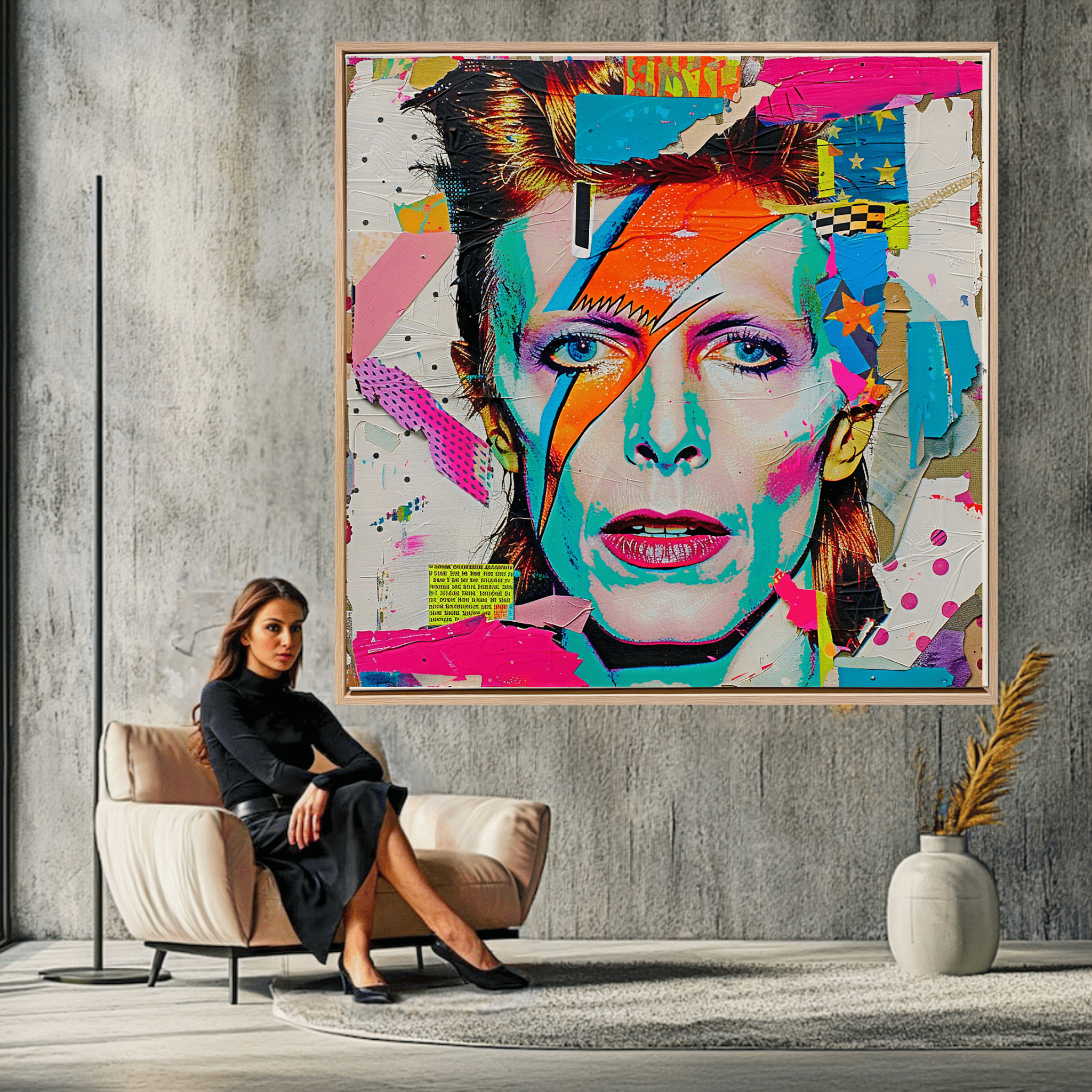 Canvas Print : David Bowie Print Vibrant - Pop Art Collage modern abstract canvas wall art by Rossetti Art – luxury interior design artwork for living room, bedroom, office – david bowie art david bowie artwork prints david bowie portraits