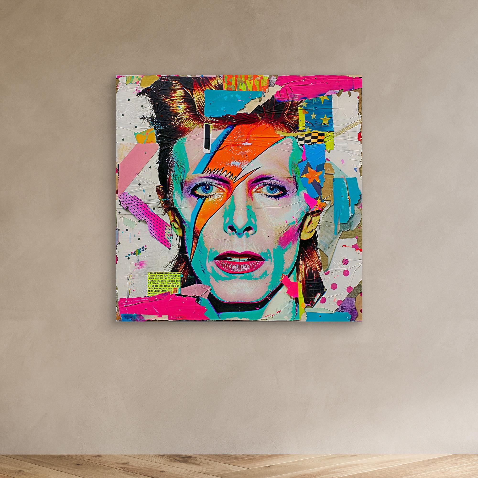 Canvas Print : David Bowie Print Vibrant - Pop Art Collage modern abstract canvas wall art by Rossetti Art – luxury interior design artwork for living room, bedroom, office – david bowie art david bowie artwork prints david bowie portraits