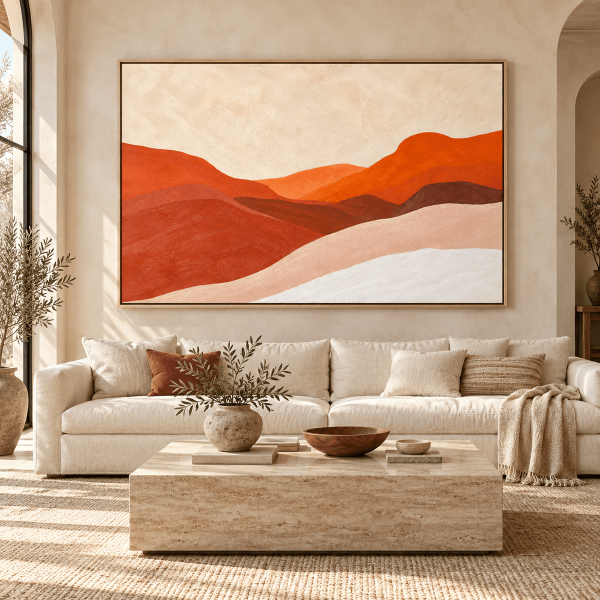 Desert Wall Art – Canyon Light canvas print by Rossetti Art above a cream sofa in a bright living room