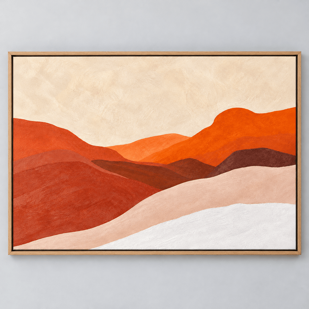 Desert Wall Art – Canyon Light canvas print by Rossetti Art, layered terracotta and orange hills in an oak floater frame