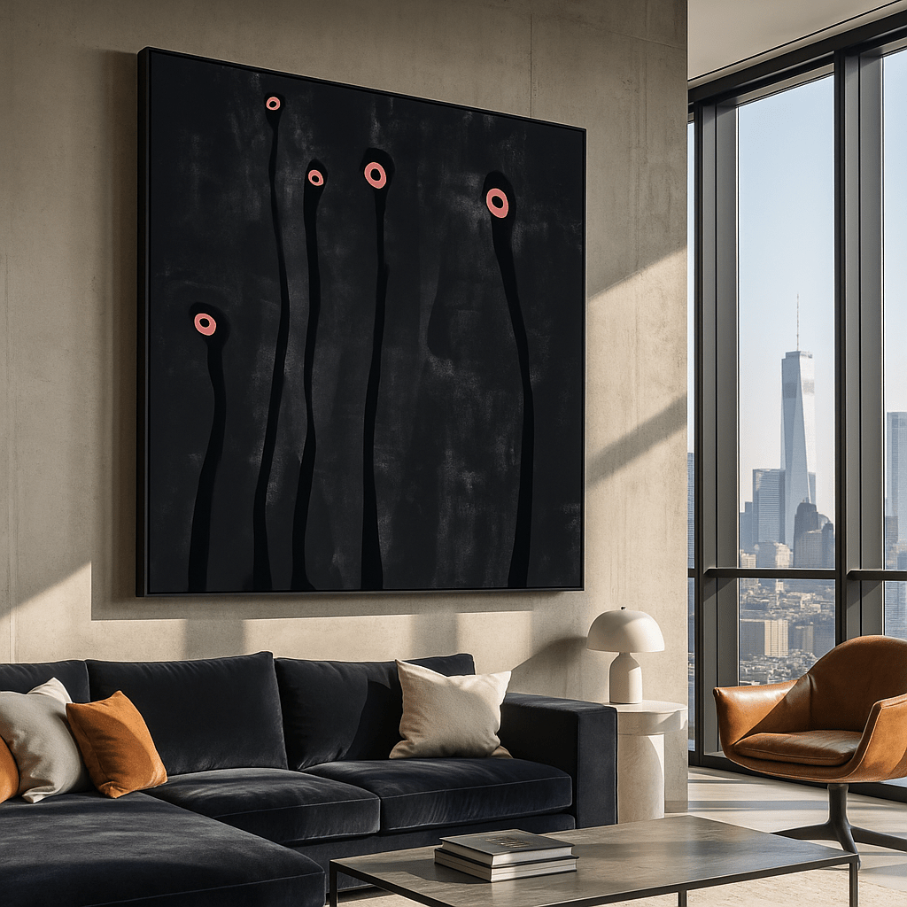 Canvas Print: Echo Bloom – Abstract Minimalist Canvas Print | Modern Black and Pink Wall Art by Rossetti Art modern abstract canvas wall art by Rossetti Art – luxury interior design artwork for living room, bedroom, office – abstract wall art canvas print art Chiara Rossetti