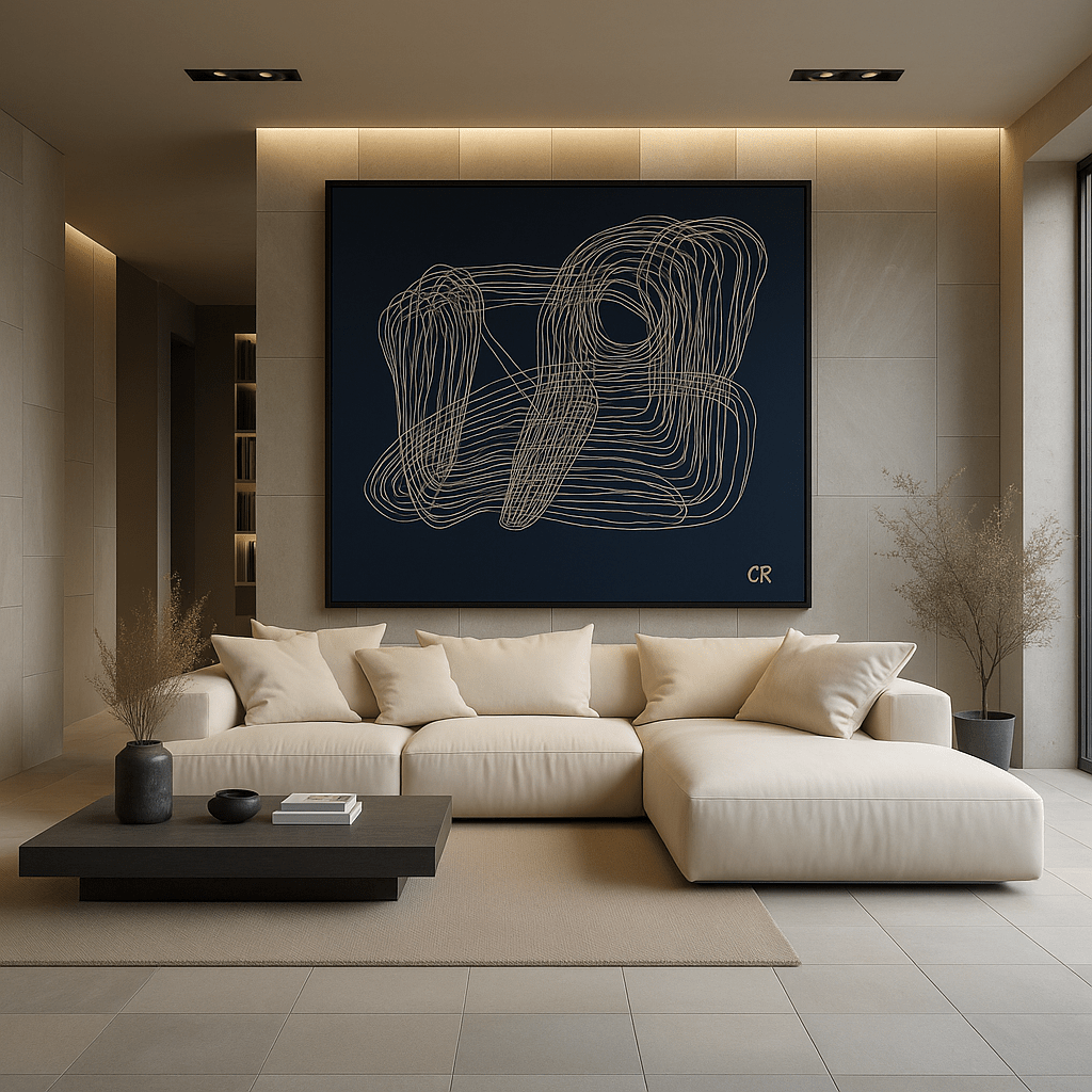 Canvas Print: Echo Lines – Minimalist Navy & White Abstract Wall Art modern abstract canvas wall art by Rossetti Art – luxury interior design artwork for living room, bedroom, office – Bold and Dynamic Artistic Home Accent Colorful Statement Wall Art Contemporary Grid Art