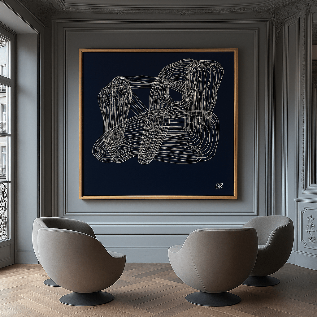 Canvas Print: Echo Lines – Minimalist Navy & White Abstract Wall Art modern abstract canvas wall art by Rossetti Art – luxury interior design artwork for living room, bedroom, office – Bold and Dynamic Artistic Home Accent Colorful Statement Wall Art Contemporary Grid Art