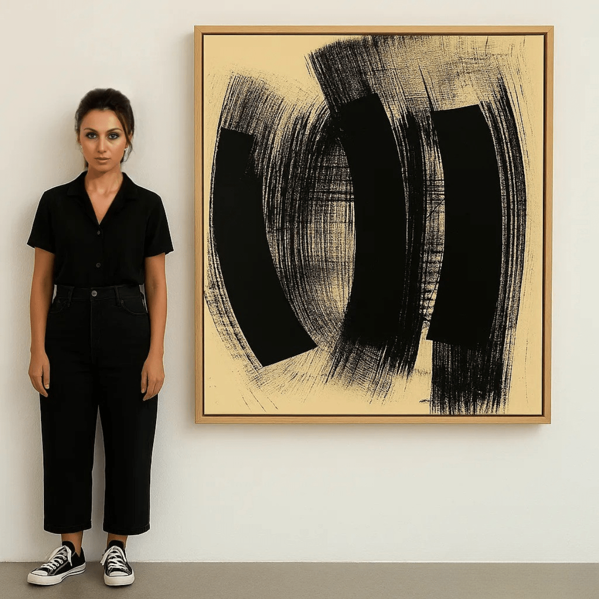 Canvas Print : Echoes in Motion – Minimalist Brushstroke Abstract Wall Art modern abstract canvas wall art by Rossetti Art – luxury interior design artwork for living room, bedroom, office – black and beige wall art Black And White Art Black and white artwork