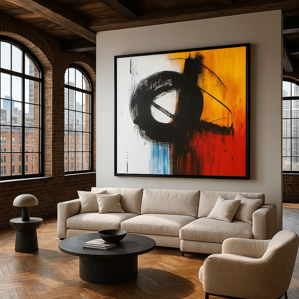 Canvas Print : "Eclipse Momentum" - Circle Abstract Expressionist Wall Art modern abstract canvas wall art by Rossetti Art – luxury interior design artwork for living room, bedroom, office – Abstract Circular Wall Art contemporary art piece Contemporary Canvas Art