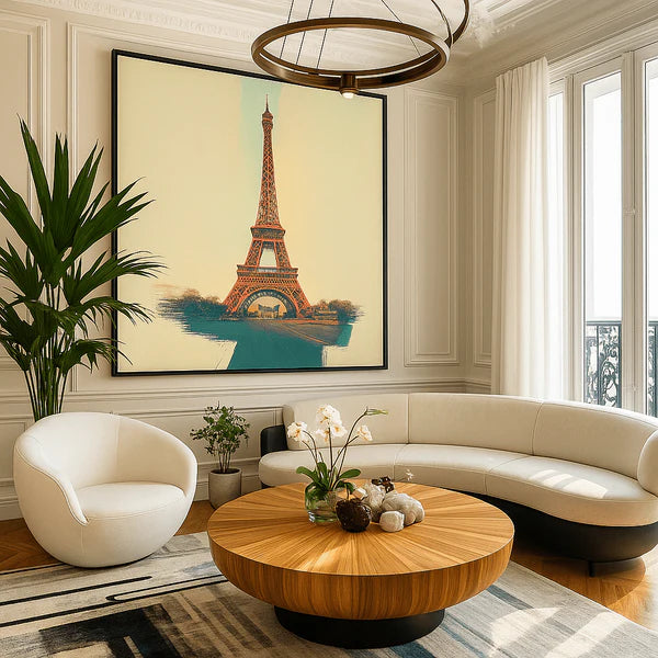 Abstract Eiffel Tower canvas print in bold colors, with fashion-forward woman in modern white dress standing beside it